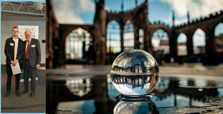 Billy Finnie receiving his certificate from Stuart Linnell with his winning image of Coventry Cathedral and its reflection in a small glass sphere.